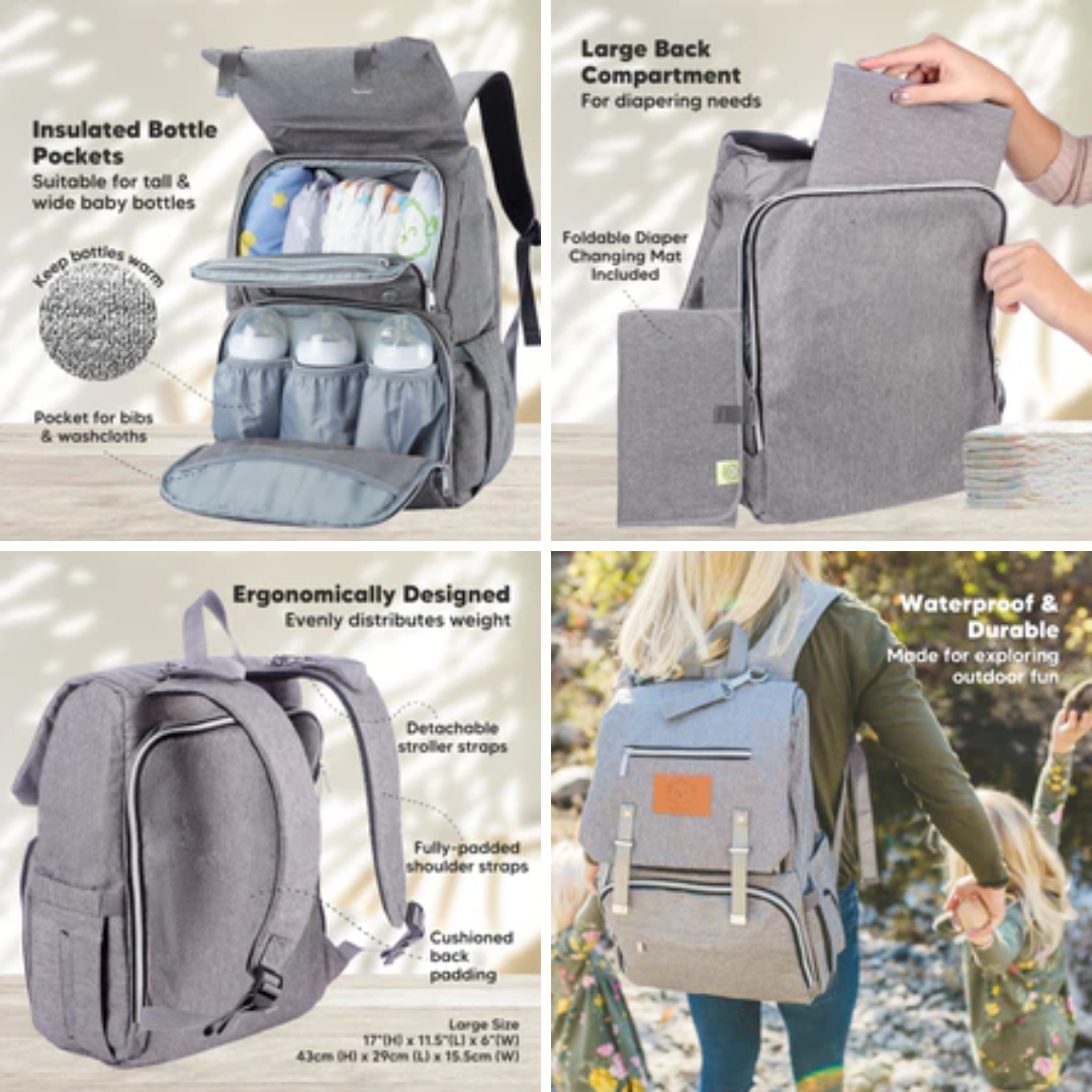 KeaBabies Explorer Diaper Bag/Backpack - Classic Gray