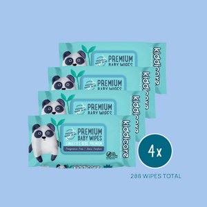 Packaging of Kiddicare premium baby wipes with panda illustrations on a light blue background