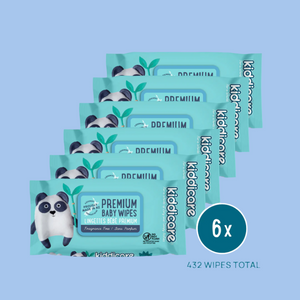 Multiple packs of Kiddicare premium baby wipes on a light blue background
