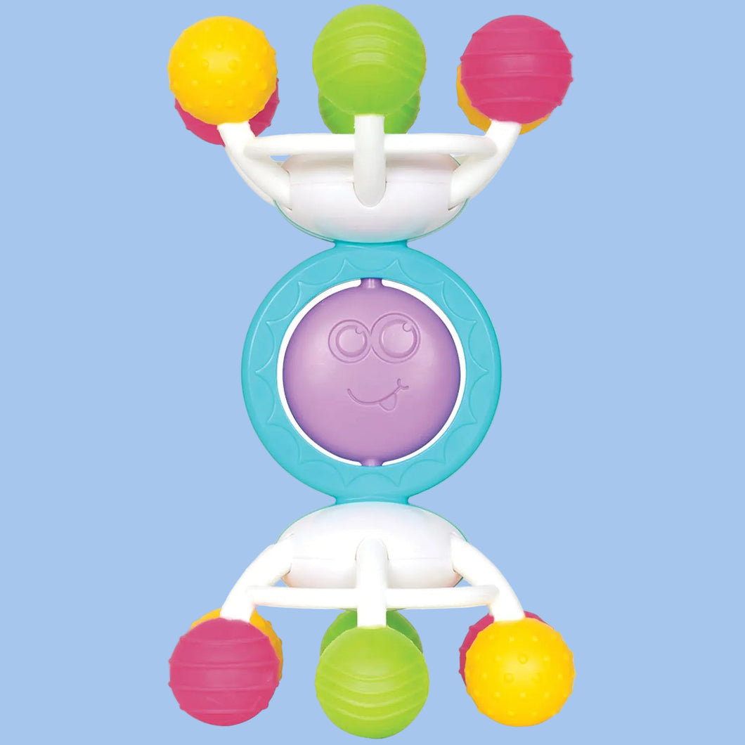 Colorful baby teething toy with balls and a smiley face on a white background