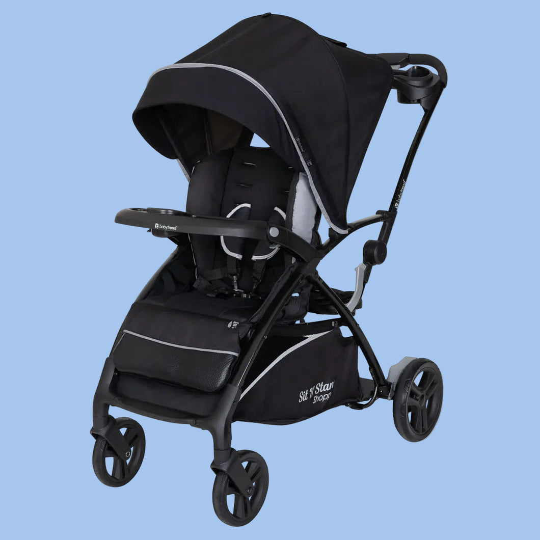 Black stroller with canopy on a white background