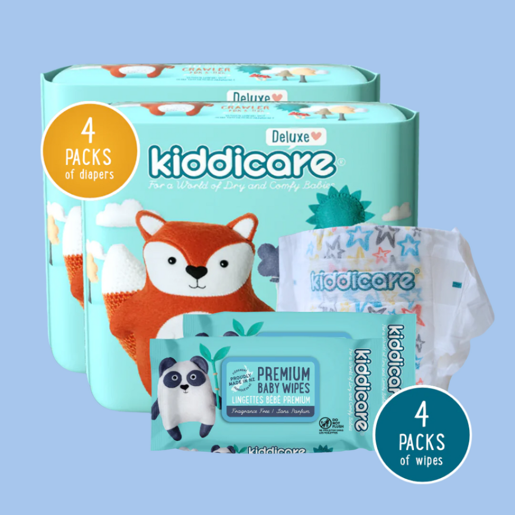Kiddicare diaper and wipes packaging on a blue background
