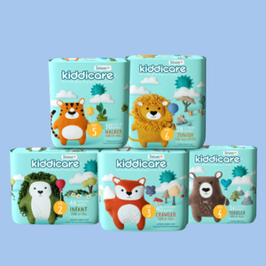 Four boxes of Kiddicare diapers with animal illustrations on a blue background